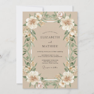 Taupe Antique Cream Foliage Eucalyptus Wedding Invitation