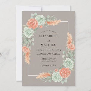 Taupe Apricot Pampas Eucalyptus Wedding Invitation