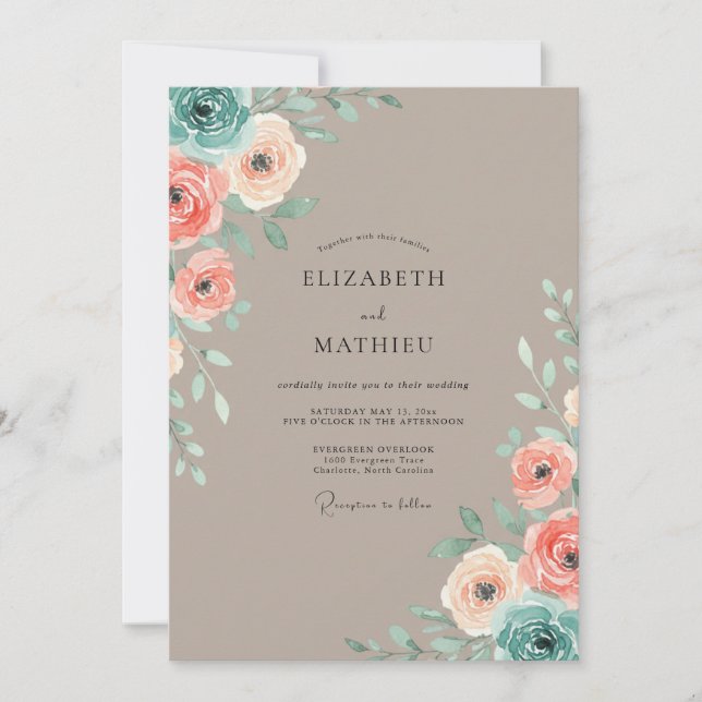 Taupe Apricot Ranunculus Eucalyptus Wedding Invitation (Front)