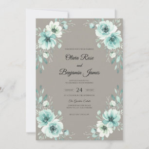 Taupe Aqua Anemone Wedding Invitation