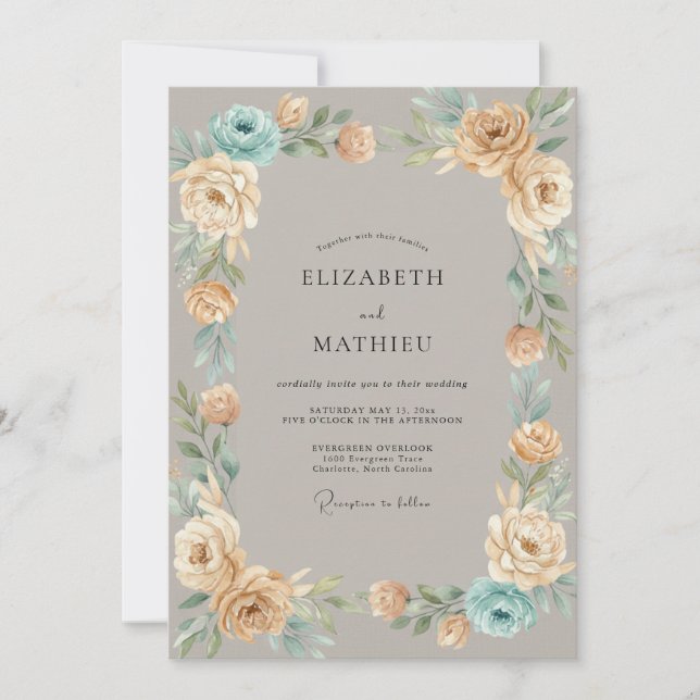 Taupe Aqua Petal Wedding Invitation (Front)