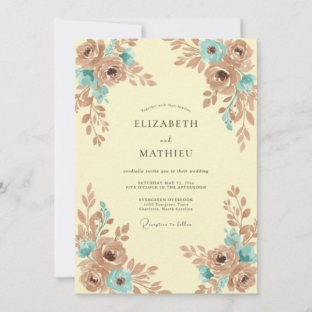 Taupe Aqua Rose Wedding Invitation (Front)
