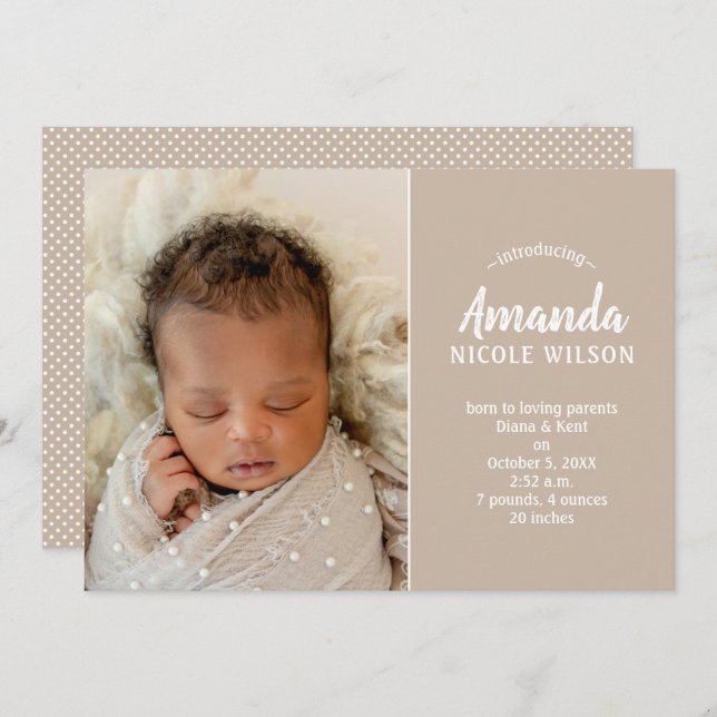 Taupe Baby Photo Birth Announcements (Front/Back)