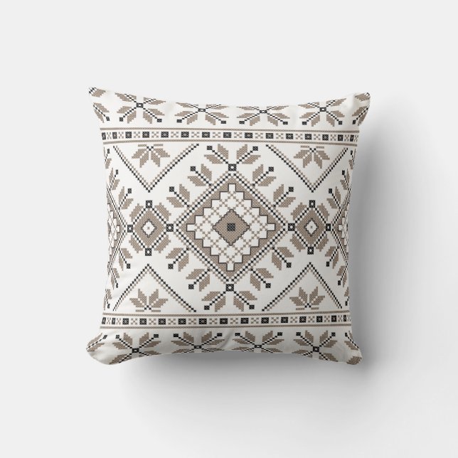 Taupe Beige Aztec Tribal Ethnic Geometric Pattern Throw Pillow (Front)