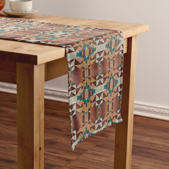 Taupe Beige Brown Teal Blue Green Tribal Art Medium Table Runner (In Situ)