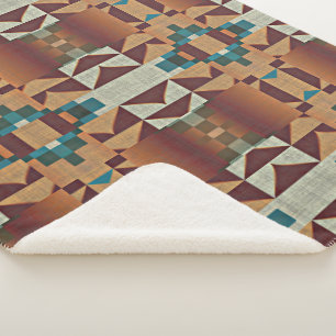 Taupe Beige Brown Teal Blue Green Tribal Art Sherpa Blanket