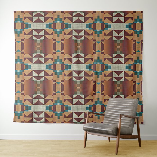 Taupe Beige Brown Teal Blue Green Tribal Art Tapestry (In Situ (Horizontal))