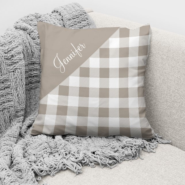 Taupe Beige Buffalo Plaid Check Pattern Name Throw Pillow (Creator Uploaded)