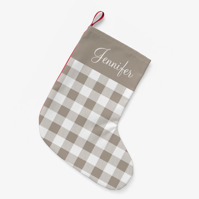 Taupe Beige Buffalo Plaid Pattern Name Farmhouse Small Christmas Stocking (Front (Hanging))