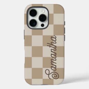 Taupe Beige Checkers Script Name iPhone 16 Pro Case