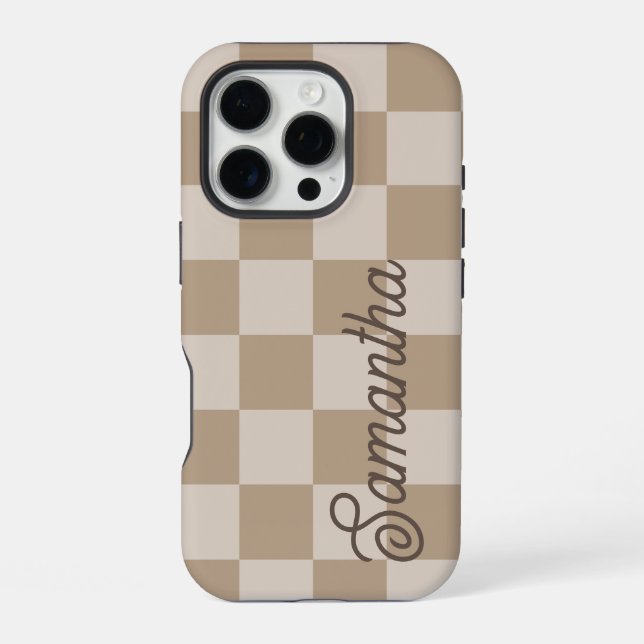 Taupe Beige Checkers Script Name iPhone Case (Back)