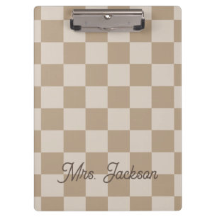 Taupe Beige Checkers Script Name Personalized Clipboard