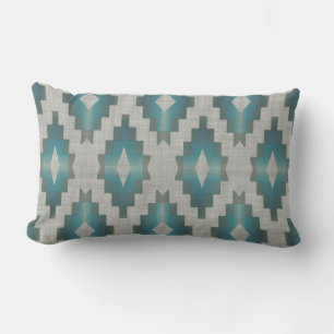 Taupe Beige Grey Light Teal Blue Tribal Art Lumbar Pillow