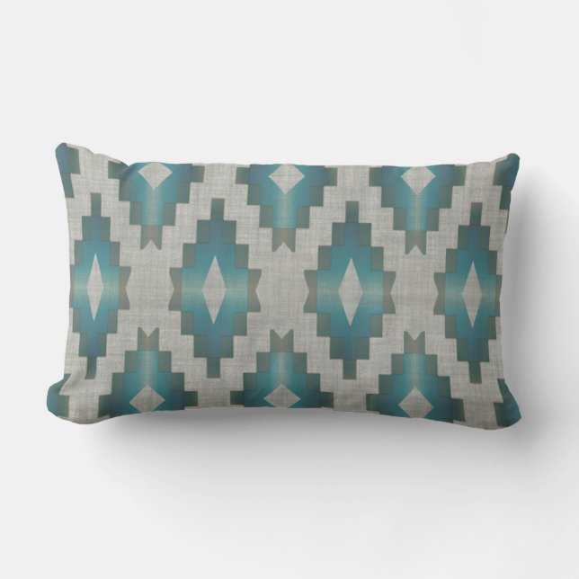 Taupe Beige Grey Light Teal Blue Tribal Art Lumbar Pillow (Front)