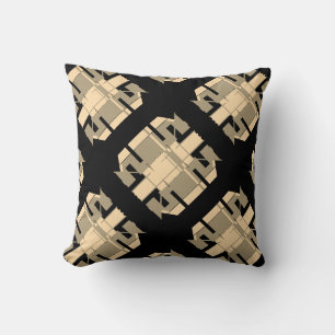 Taupe Beige on Black Geometric Diagonal Motif Throw Pillow