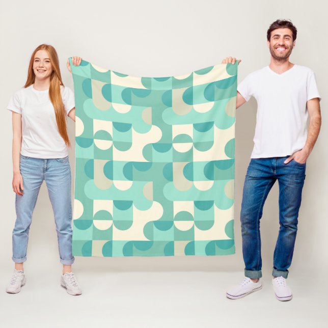 Taupe Beige Teal Blue Mint Green Circles Pattern Fleece Blanket (In Situ)