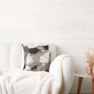 Taupe Black Gray White Abstract Brushstrokes Throw Pillow