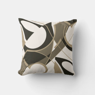 Taupe Black Tan on White Swirling Slanted Abstract Throw Pillow