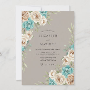 Taupe Blue Floral Arrangement Wedding Invitation