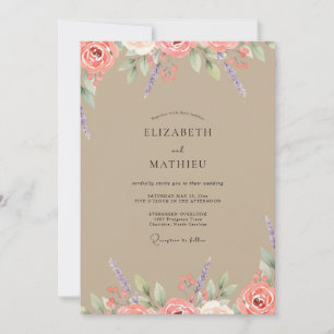 Taupe Blush Coral Peony Wedding Invitation