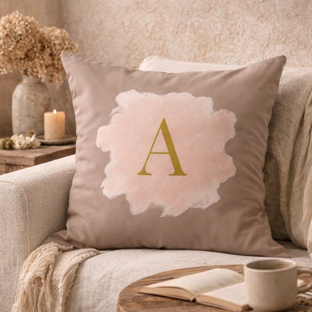 Taupe Blush Monogram Throw Pillow (Soft taupe tones meet blush watercolor and a gold monogram for refined, feminine home layering.)