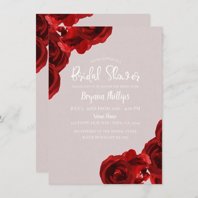 Taupe Blush Red Watercolor Roses Bridal Shower Invitation (Front/Back)