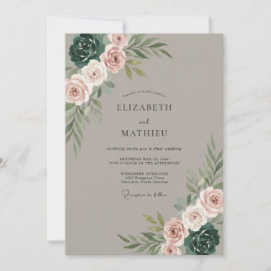 Taupe Blush Rose Botanical Wedding Invitation