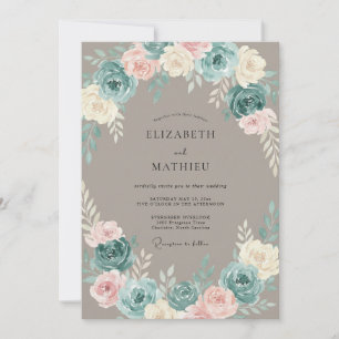 Taupe Blush Teal Watercolor Floral Wedding Invitation
