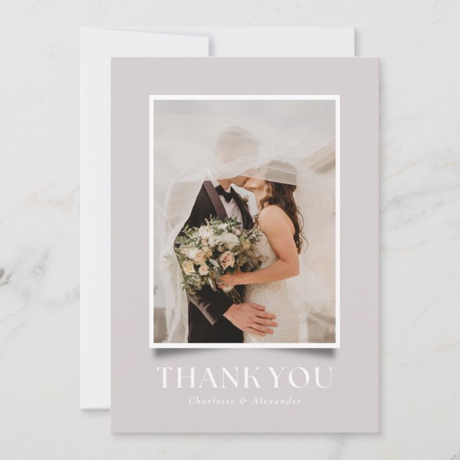 Taupe Bold Typography Photo Frame Wedding Thank Yo Invitation (Front)