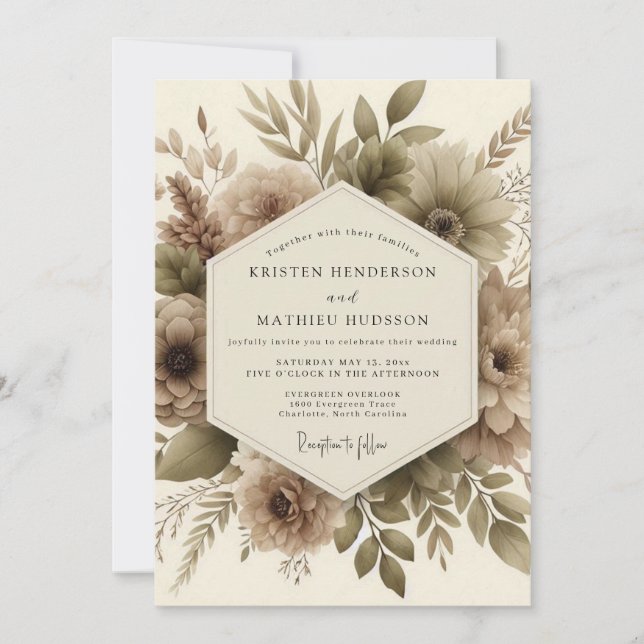 Taupe Botanical Autumn Romance Wedding Invitation (Front)