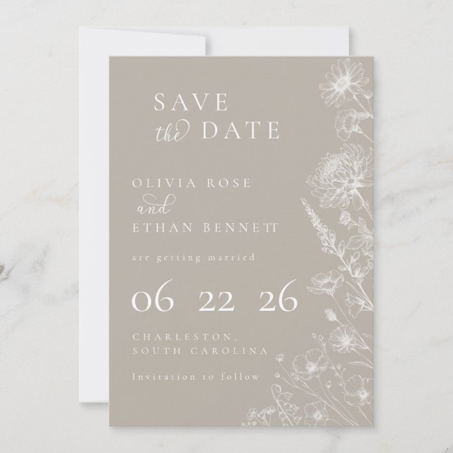 Taupe Botanical Minimal Wedding Save the Date (Front)