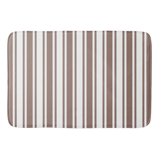 Taupe brown and white candy stripes bath mat (Front)