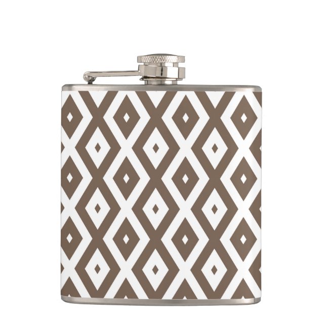 Taupe brown and white diamond pattern hip flask (Front)