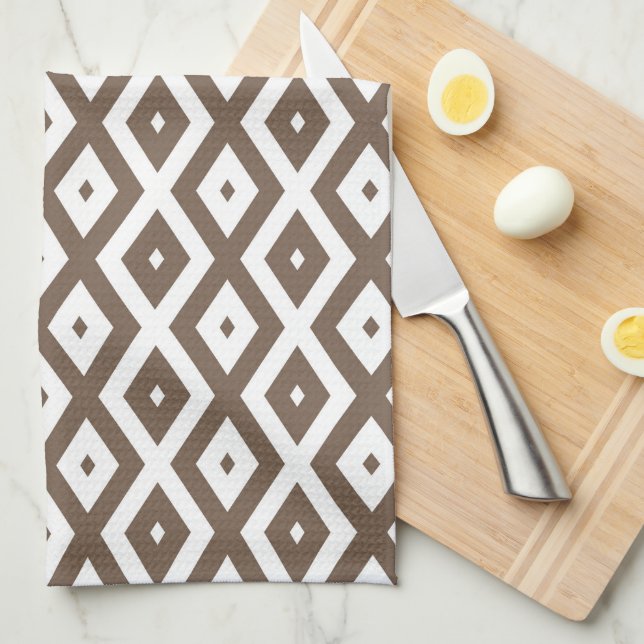 Taupe brown and white diamond pattern kitchen towel (Quarter Fold)