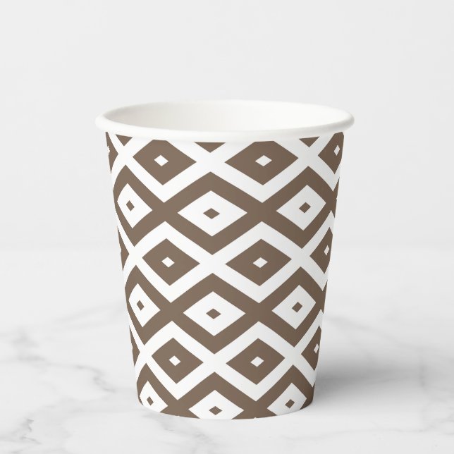 Taupe brown and white diamond pattern paper cups (Front)