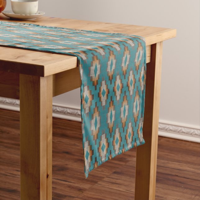 Taupe Brown Blue Teal Orange Tribal Art Pattern Short Table Runner (In Situ)