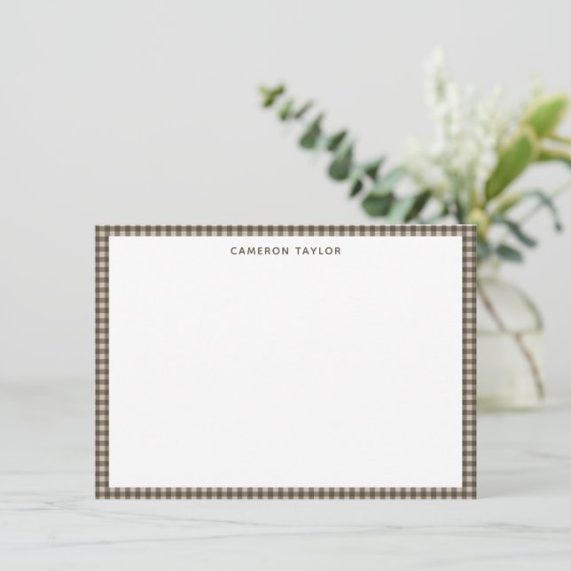 Taupe Brown Gingham Check Personalized Name Card (Standing Front)
