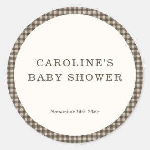 Taupe Brown Gingham Plaid Retro Baby Shower Classic Round Sticker