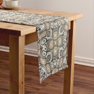 Taupe Brown Grey Beige Hip Bohemian Art Motif Short Table Runner
