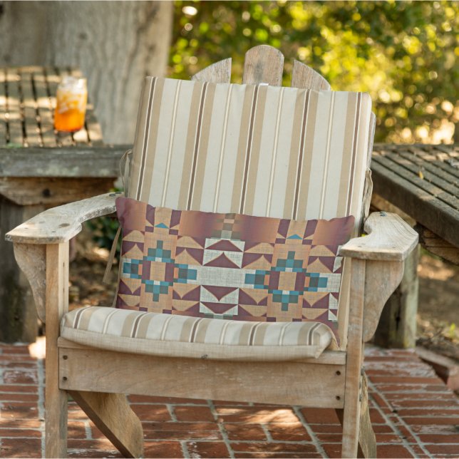 Taupe Brown Orange Teal Blue Green Tribal Art Lumbar Pillow (Chair)