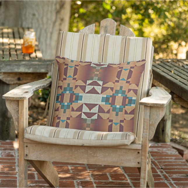 Taupe Brown Orange Teal Blue Green Tribal Art Outdoor Pillow (Chair)