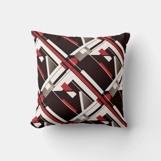 Taupe Brown Red White Diagonal Geometric Design Throw Pillow (Front)