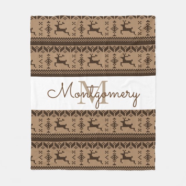 Taupe & Brown Reindeer Nordic Sweater Pattern Fleece Blanket (Front)