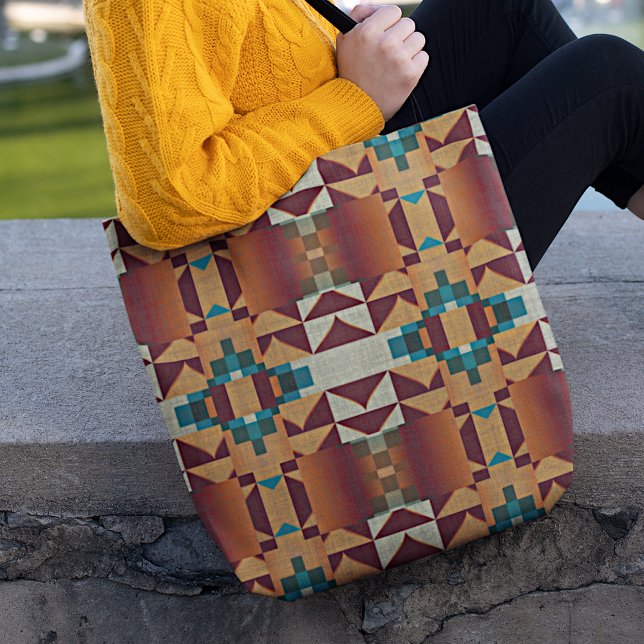 Taupe Brown Teal Blue Green Tribal Art Pattern Tote Bag (Creator Uploaded)