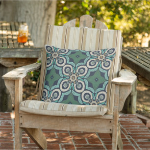 Taupe Brown Teal Green Blue Orient Bali Art Motif Outdoor Pillow