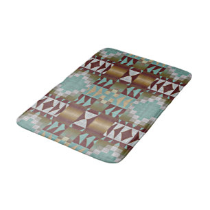 Taupe Brown Turquoise Aqua Blue Tribal Pattern Bath Mat