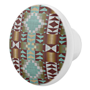 Taupe Brown Turquoise Aqua Blue Tribal Pattern Ceramic Knob