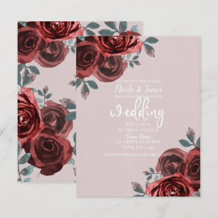 Taupe Burgundy Watercolor Roses Greenery Wedding Invitation