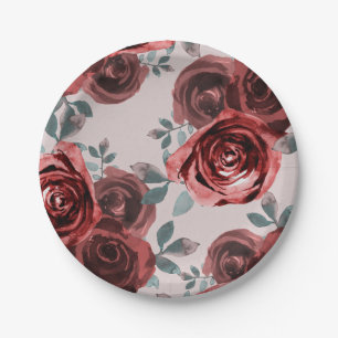 Taupe Burgundy Watercolor Roses Greenery Wedding Paper Plate