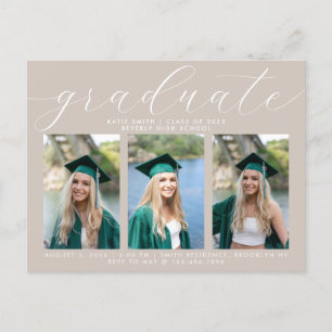 Taupe Calligraphy Minimal Graduation 3 Photo Invitation Postcard